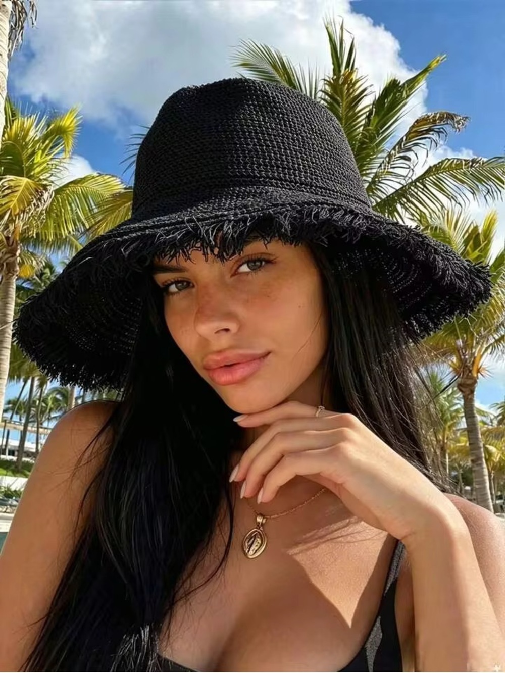 Black Floppy Sun Hat – Women’s Wide Brim Straw Hat - Picture 2 of 7